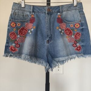 Forever 21 Raw Edge Hem Denim Embroidered Floral Shorts Size 30